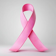 A pink ribbon stands upright, symbolizing breast cancer awareness and support on a neutral background