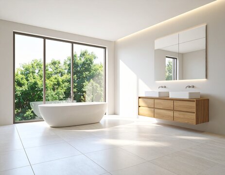 Ba&ntilde;o minimalista con paredes blancas y sanitarios modernos