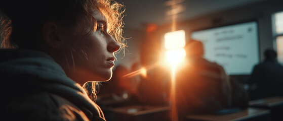Thoughtful young woman listening to lecture in classroom at sunset - Concept of World Teachers' Day
