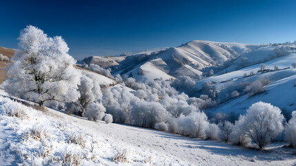 Fototapeta premium Frosted Trees Blanket Rolling Hills Under Clear Blue Sky winter snow