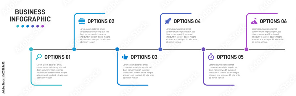 Poster progress bar featuring 6 arrow-shaped elements, symbolizing the six stages of business strategy and 