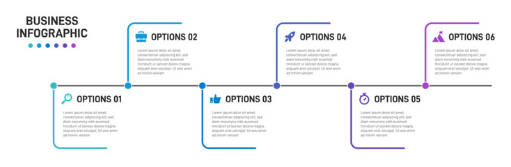 Progress bar featuring 6 arrow-shaped elements, symbolizing the six stages of business strategy and progression. Clean timeline infographic design template. Vector for mobile presentation.