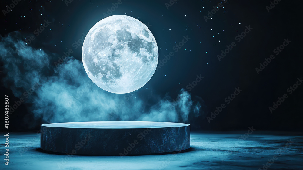 Poster large, luminous moon hangs above circular platform surrounded by mist, creating mystical . scene is 
