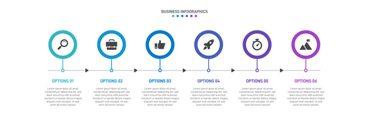Progress bar featuring 6 arrow-shaped elements, symbolizing the six stages of business strategy and progression. Clean timeline infographic design template. Vector for mobile presentation.