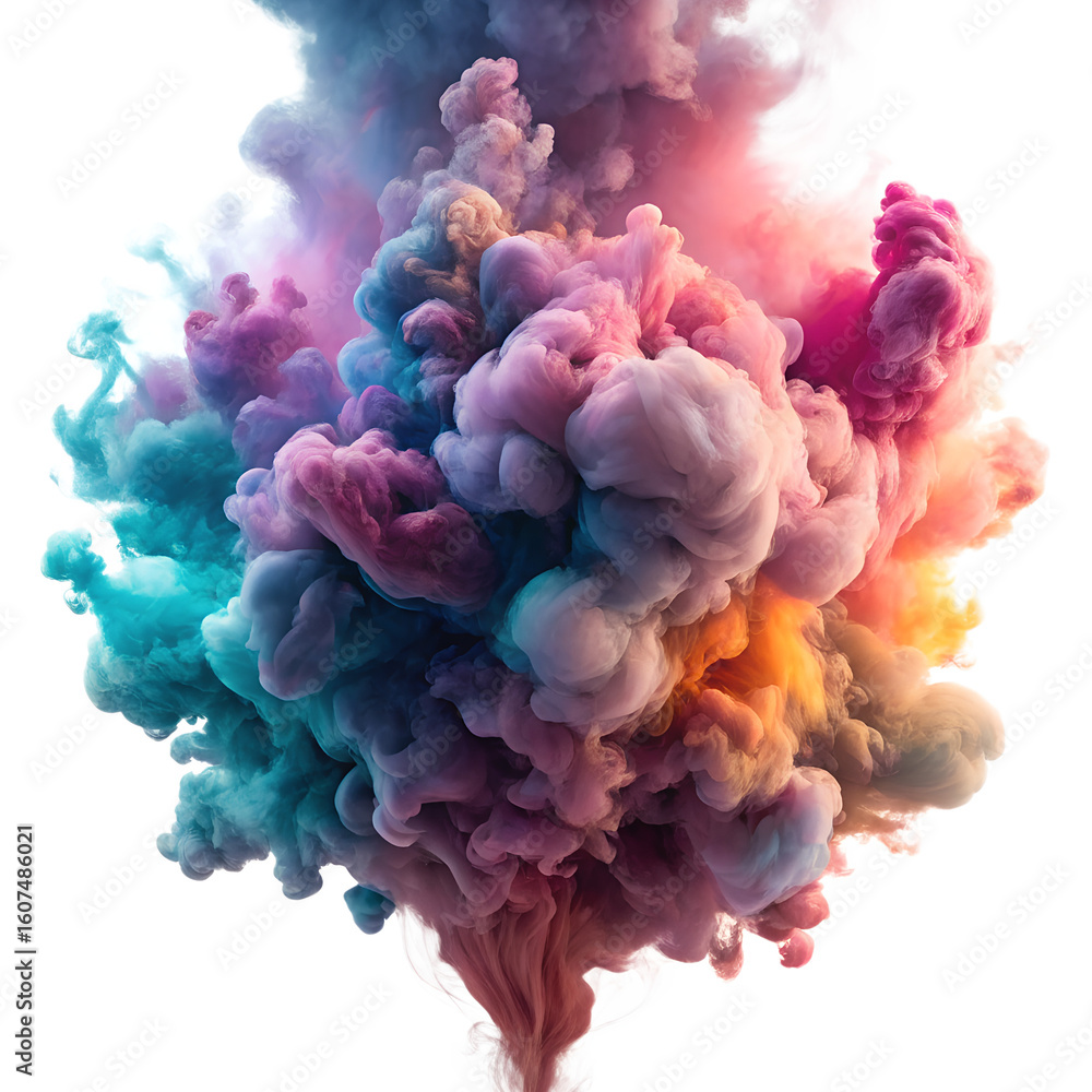 Poster a vibrant explosion of colorful smoke erupts in a dazzling display against a white backdrop isolated