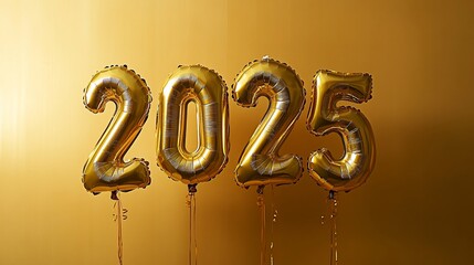 Golden 2025 balloons floating against a monochromatic background