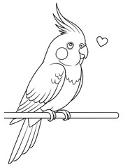 Cartoon cockatiel bird perched with heart symbol – cute parrot line art illustration for coloring pages