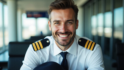 Smiling commercial pilot in plain uniform with approachable expression, blurred airport background &mdash; ideal for humanized aviation projects or training content.