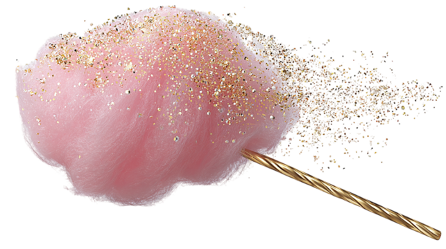 Cotton candy on a stick with glitter dust, soft and sweet icon, transparent background 