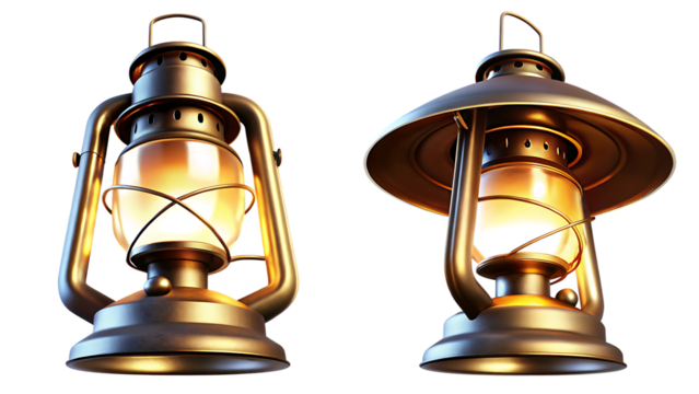 Antique lanterns glowing warm light isolated on a transparent background