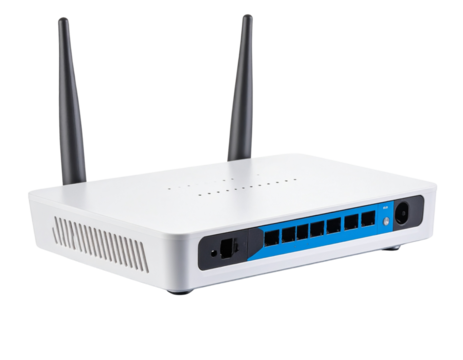 Angled View of White Smart Router with Blue LEDs and Antennas, Set on Glossy Surface, Transparent PNG