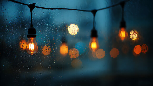 Glowing Edison bulbs strung across a rainy window at dusk light bulbs string lights - Powered by Adobe