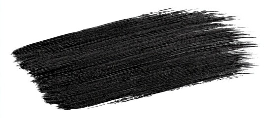 A bold black paint brushstroke on a white background with textured, artistic edges