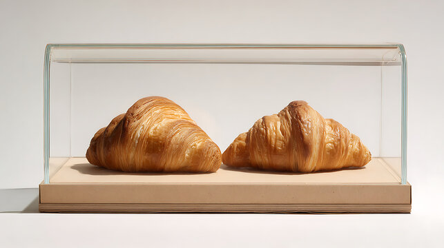 Golden baked croissants presented in a clear glass display case pastry brown