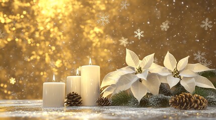 Elegant holiday still life with candles, poinsettias and pinecones scene