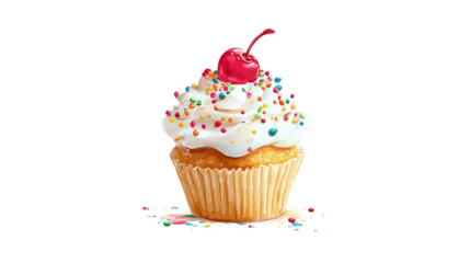 Cupcake with whipped cream, cherry on top, and rainbow sprinkles, cute and stylized, transparent background 