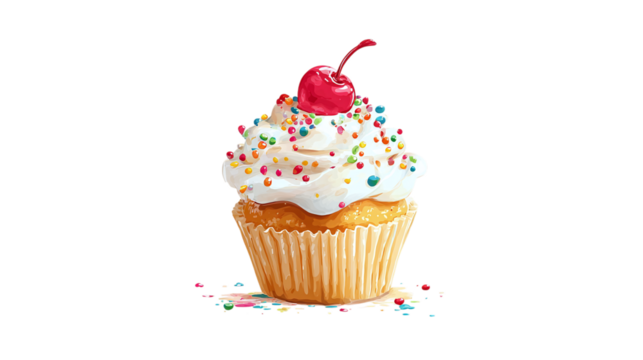 Cupcake with whipped cream, cherry on top, and rainbow sprinkles, cute and stylized, transparent background  - Powered by Adobe