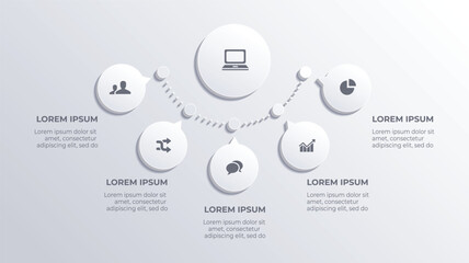 White 3D Five Step Business Infographic Flowchart, Vector Timeline Template with Icons and Presentation Elements