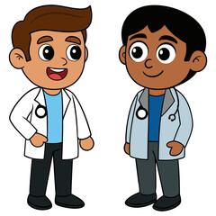 Two cartoon doctors in lab coats with stethoscopes