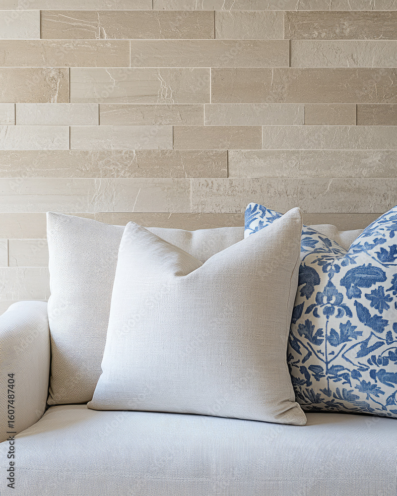 Poster cozy sofa with decorative pillows against textured stone wall, creating stylish and comfortable livi