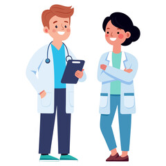 Fototapeta premium Two doctors in lab coats discussing medical information
