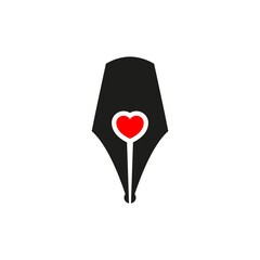 Fountain pen nib and tip with heart symbol. Vector icon and illustration.