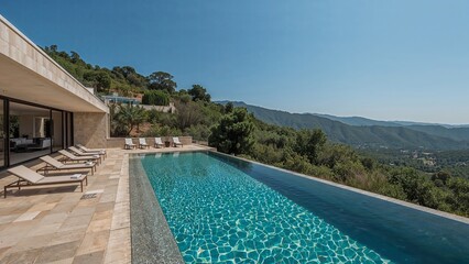 Fototapeta premium Elegant villa featuring a private swimming pool, offering a luxurious atmosphere of comfort, relaxation, and exclusivity in a serene and stylish setting designed for ultimate leisure and enjoyment
