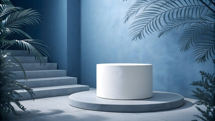 Minimalist Podium: A captivating minimalist scene featuring a pristine white podium set against a soothing blue backdrop, with verdant foliage accentuating the space.