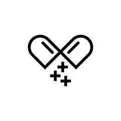 Medicine capsule icon or open pill with contents of the tablet with powder or cross signs. Health Symbol. Vector illustration.