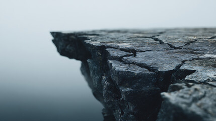 Jagged dark stone cliff edge against soft grey fog rock