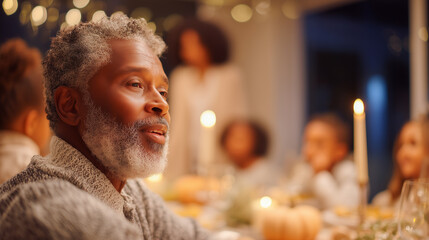 Thanksgiving dinner celebration with happy mature man enjoying family feast. Warm candlelit atmosphere, golden lighting, cozy home gathering. Holiday tradition, gratitude, togetherness concept.