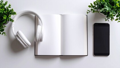 Blank notebook, headphones, and smartphone Perfect for audio **studying** and reading 