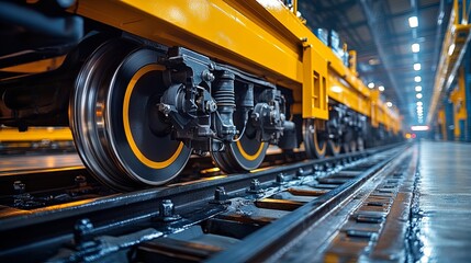 Train wheels positioned on a maintenance platform, highlighting engineering precision, industrial design, and advanced railway safety features 