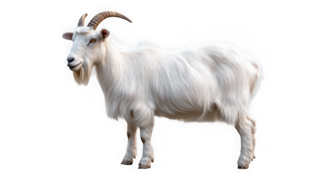 A majestic white goat stands proudly, its horns curved and its coat fluffy, isolated on a clean transparent background