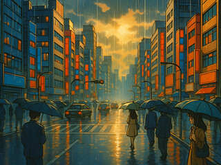 rainy day in a big anime city
