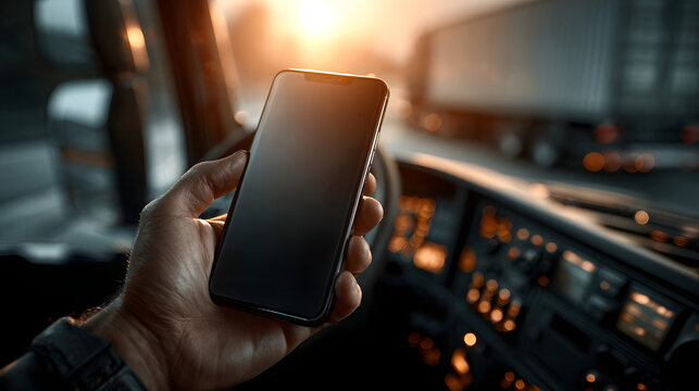 Trucker Using Smartphone Blank Screen Mobile App Driving Truck Transportation Logistics Delivery Driver Modern Technology Digital Device Road Trip