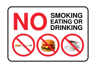 No Smoking, Eating or Drinking Prohibition Sign with Cigarette, Food, and Beverage Symbols – Clean Red Circle Icons for Facility Compliance and Safety Visuals