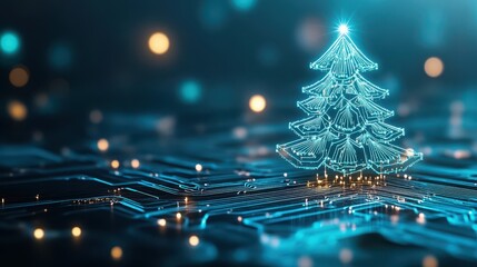 Digital Christmas Tree: A vibrant, glowing Christmas tree, fashioned from luminescent digital pathways, sparkles against a backdrop of a circuit board.
