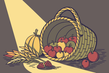  apples, fruit, cornucopia, still life, dramatic lighting, vibrant colors, moody atmosphere, painterly, digital art