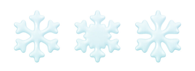 Set of realistic glossy 3d snowflake icons. Blue plastic snowflakes isolated on white background. Decoration design element for weather forecast, winter sale banner, greeting card. Vector illustration