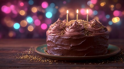 Rich chocolate birthday cake with lit candles and golden sprinkles image