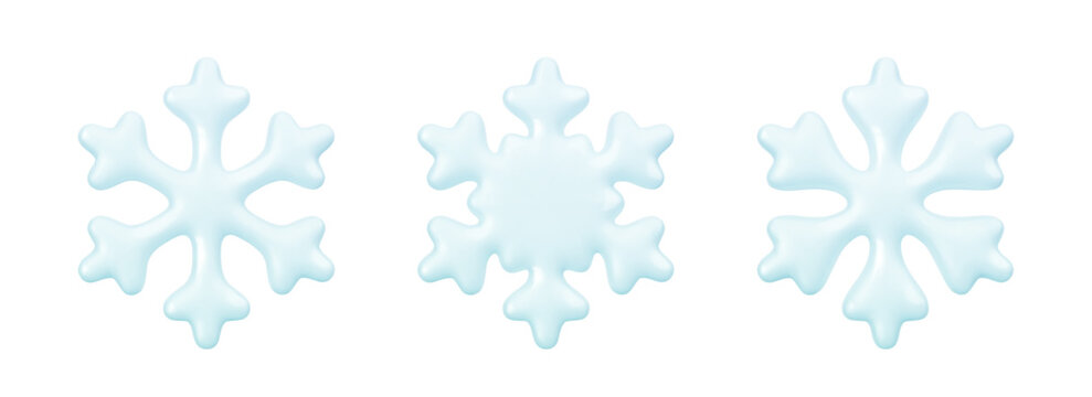 Set of realistic glossy 3d snowflake icons. Blue plastic snowflakes isolated on white background. Decoration design element for weather forecast, winter sale banner, greeting card. Vector illustration
