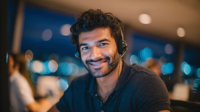 An attentive Indian tech support agent, headset on, works in a warmly lit office with a subtle background buzz.