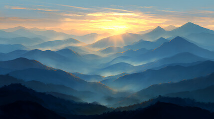 Majestic mountain range bathed in golden sunrise light with atmospheric mist mountains golden light