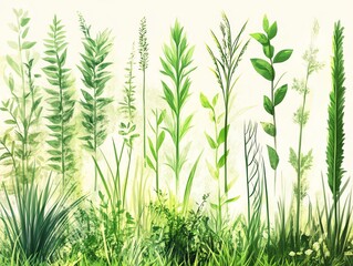 Obraz premium Assortment of digital illustrations of vibrant, various types of green grasses and foliage