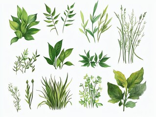 Fototapeta premium Assortment of digital illustrations of vibrant, various types of green grasses and foliage