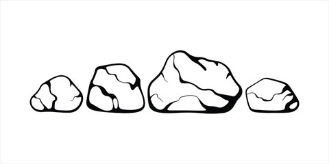 Cartoon rock stones and boulders. Rubble, gravel, cobble vector set. Mountain natural elements, geological materials, rocky pieces different shapes isolated black and brown lumps, landscaping objects