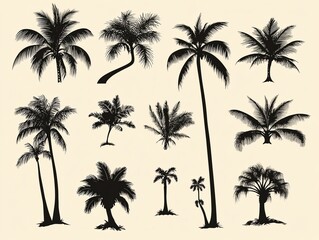 Assortment of various silhouettestyle palm trees, varying in shape and size