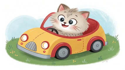 Joyful fluffy kitten gleefully drives bright yellow convertible through sunny green meadow