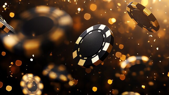 Black and gold casino chips floating